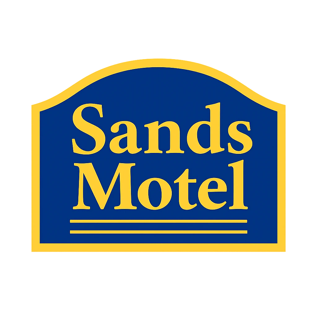 A blue Sands Motel sign with a yellow border and lettering. logo on footer section.