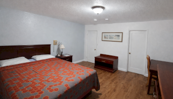 A basic hotel room with a large bed, nightstand, lamp, wood floor, two white doors, a desk and chair, and a small dresser against the wall.